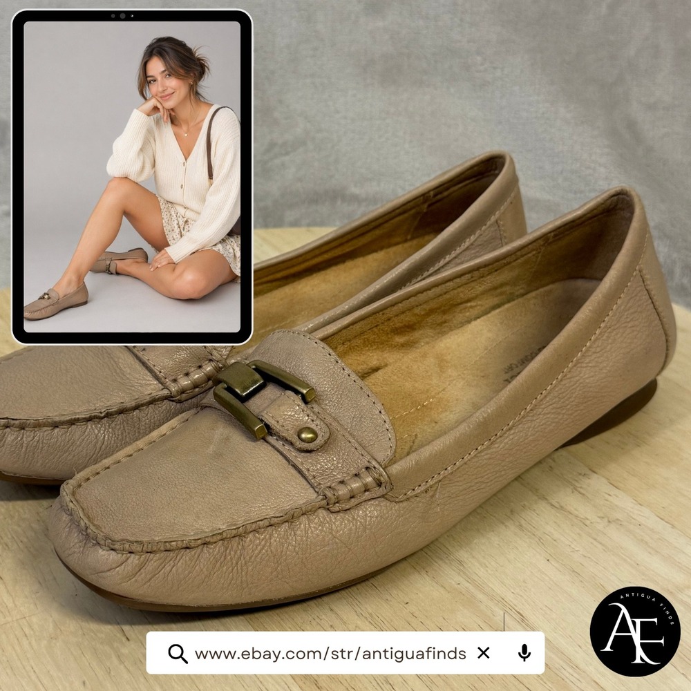 Naturalizer Sophie Beige Leather Loafers Brass Buckle N5 Comfort Shoes Womens 8M